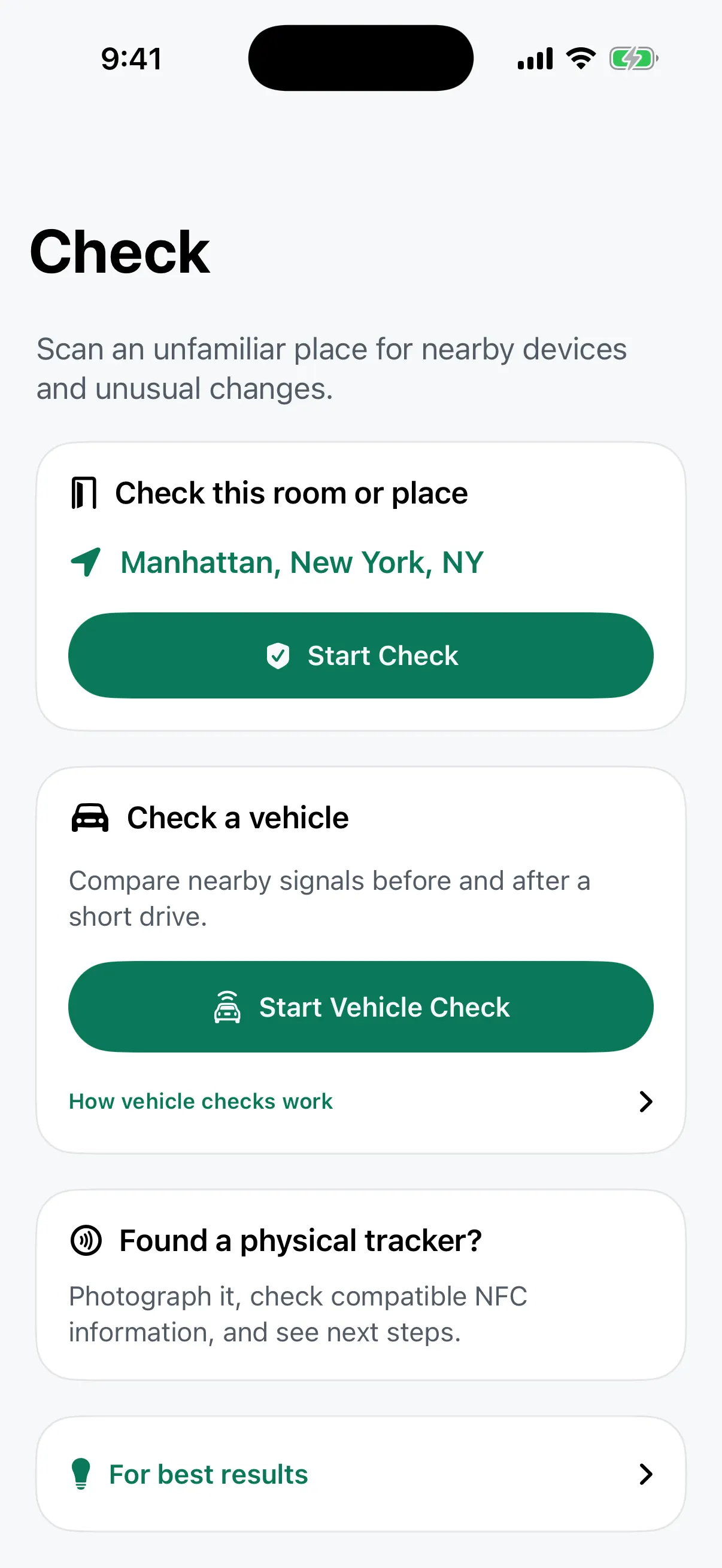 Perimeter Check screen with options to check a room or place, check a vehicle, or review a physical tracker.